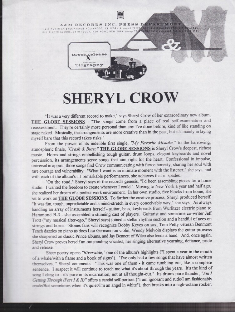 Sheryl crow the globe sessions press kit 1998