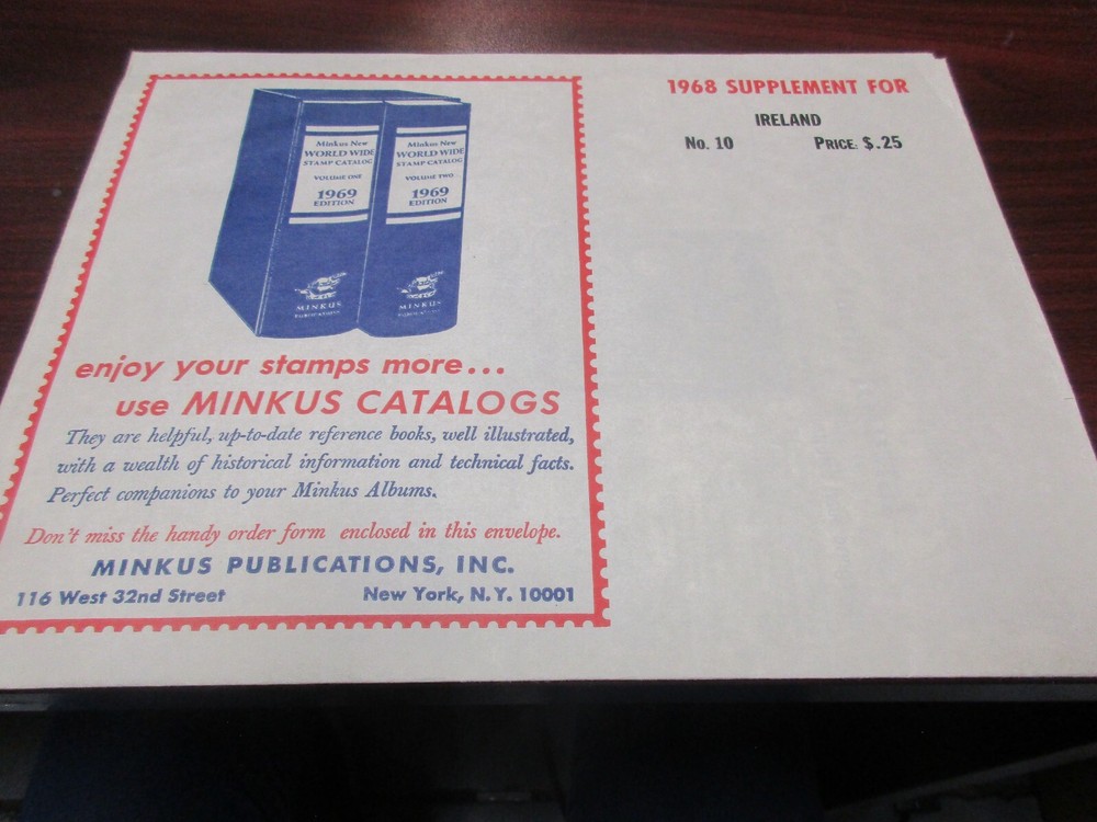 "MINKUS" STAMP ALBUM  1968  SUPPLEMENT   IRELAND  FREE SHP.