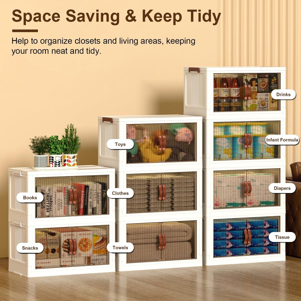 3 Pack Stackable Storage Bins with Wheels & Lids Magnetic Door Plastic Container