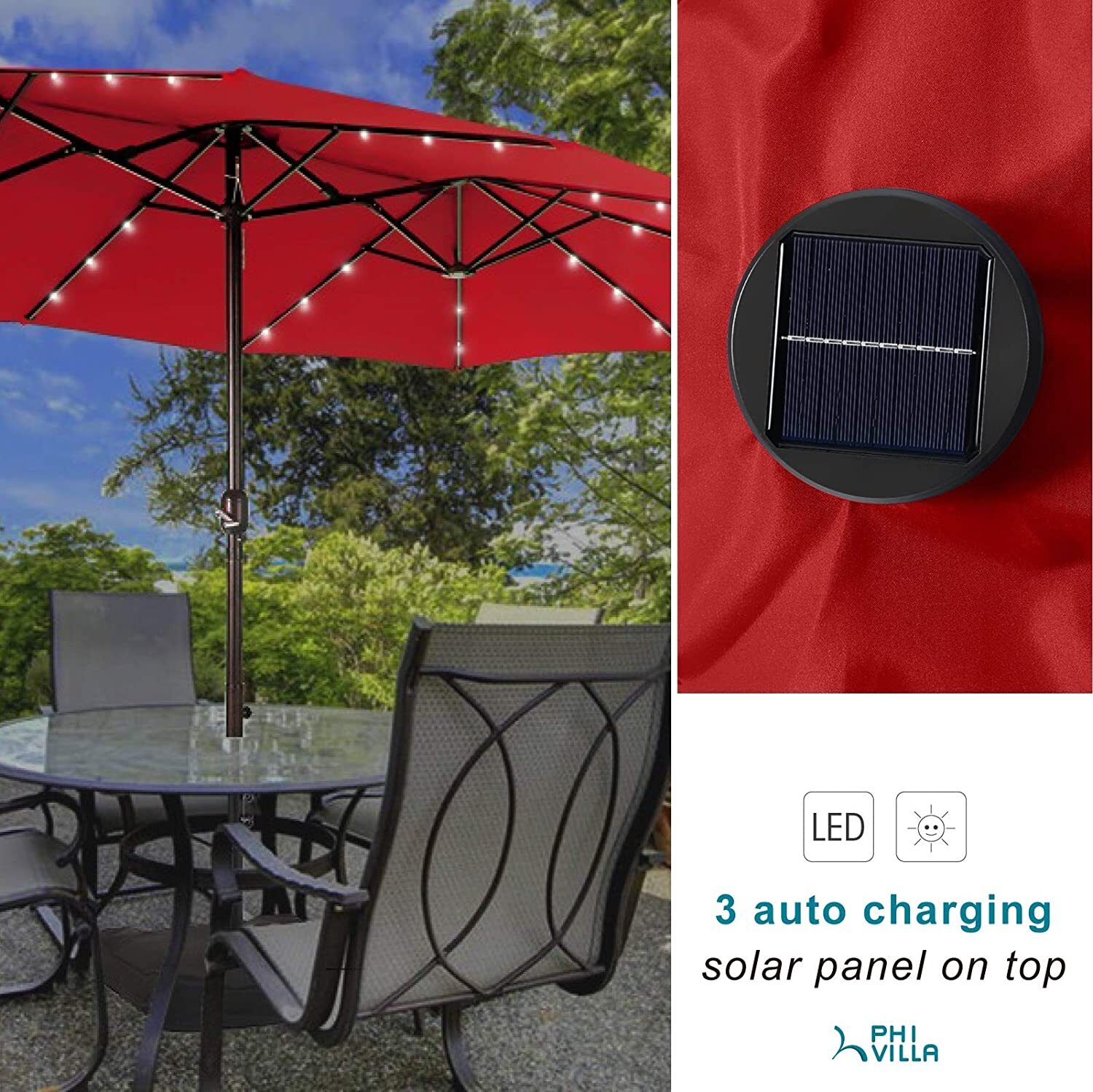 15FT Patio Umbrella Outdoor Double-Sided Umbrella with Solar Light 36 LED Lights