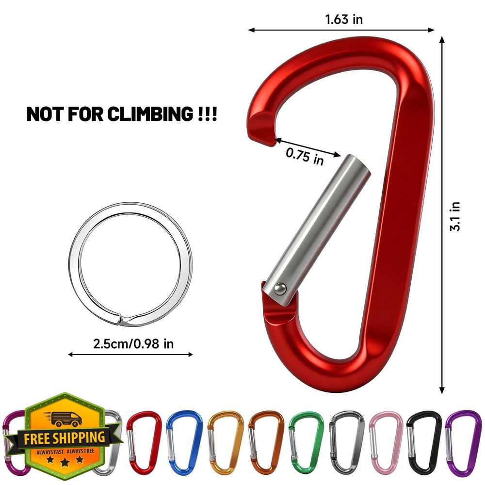 12PCS Carabiner Keychain Clip 3" Aluminum D Ring Snap Hook Multi-Function