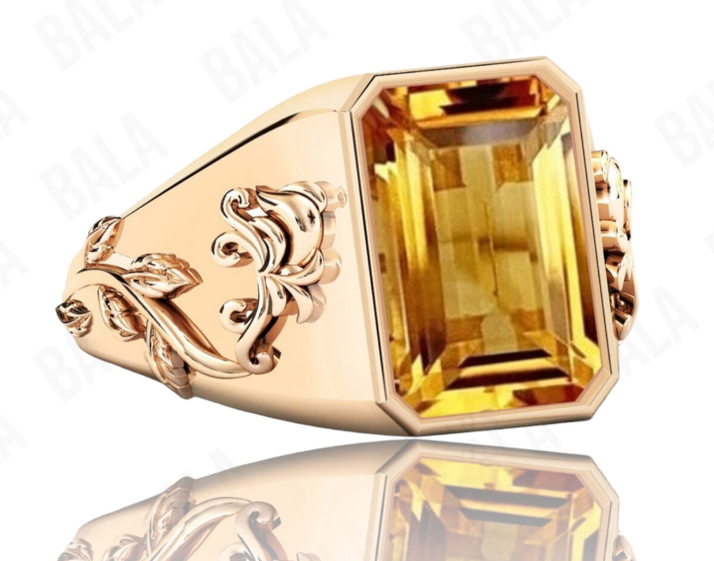 Handmade 925 Sterling Silver Citrine Ring, Rectangular Emerald Cut Yellow Quartz