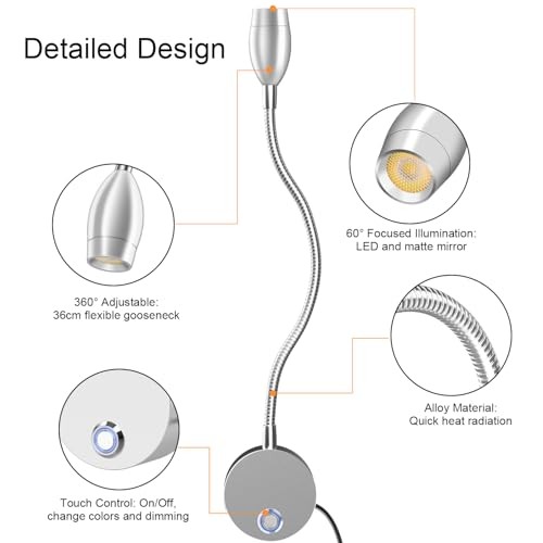 Wall Mounted LED Reading Light with 360° 15" Bedside reading light Silver 1pack