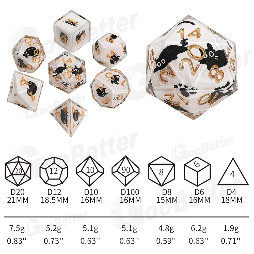 7 DND Dice Set Cute Cat Pattern Polyhedral Dice for Dungeons & Dragons Tabletop