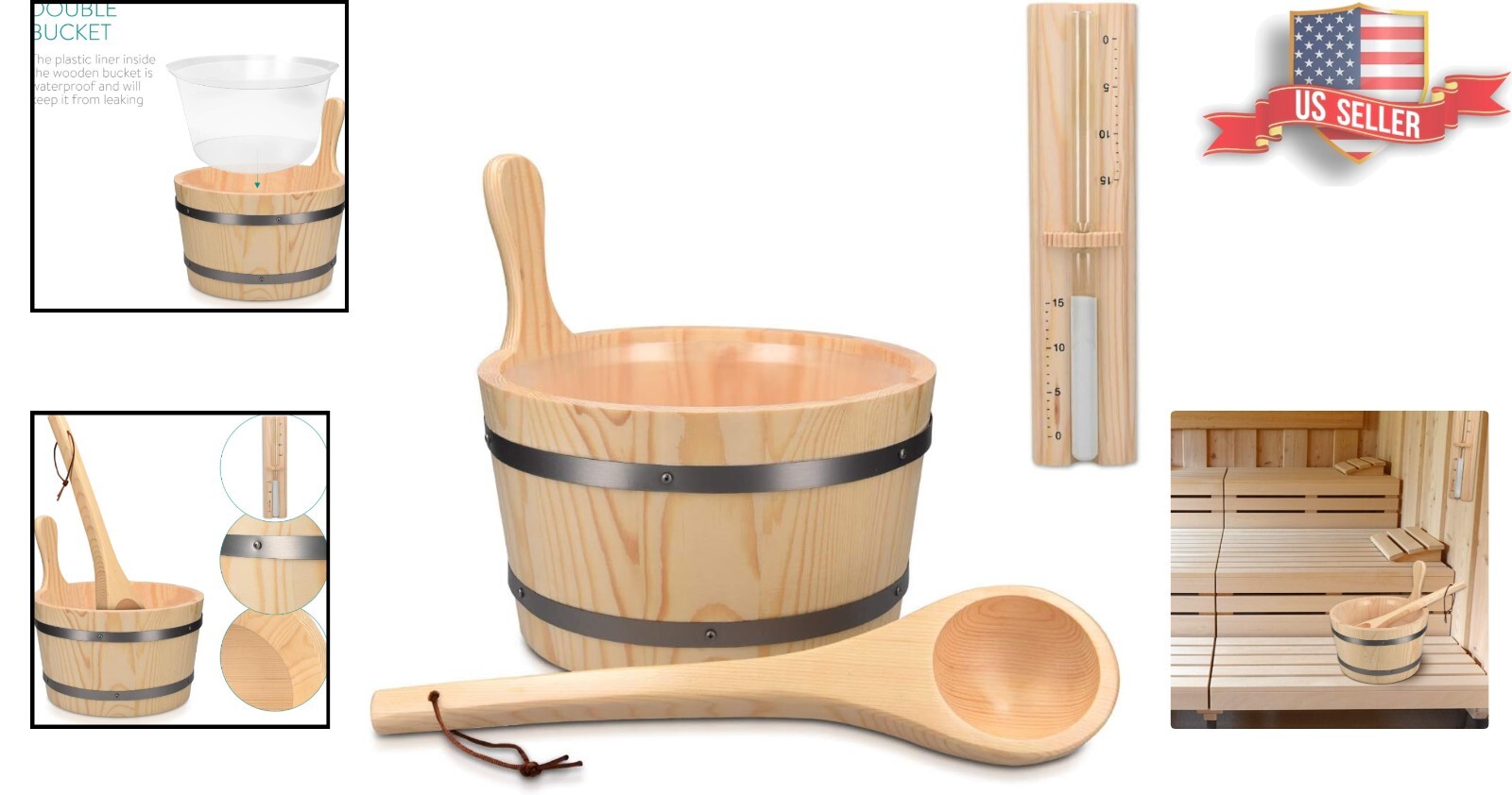Luxury Sauna Accessory Set: Wooden Bucket, Ladle, and Sand Timer—1.3g Capacity