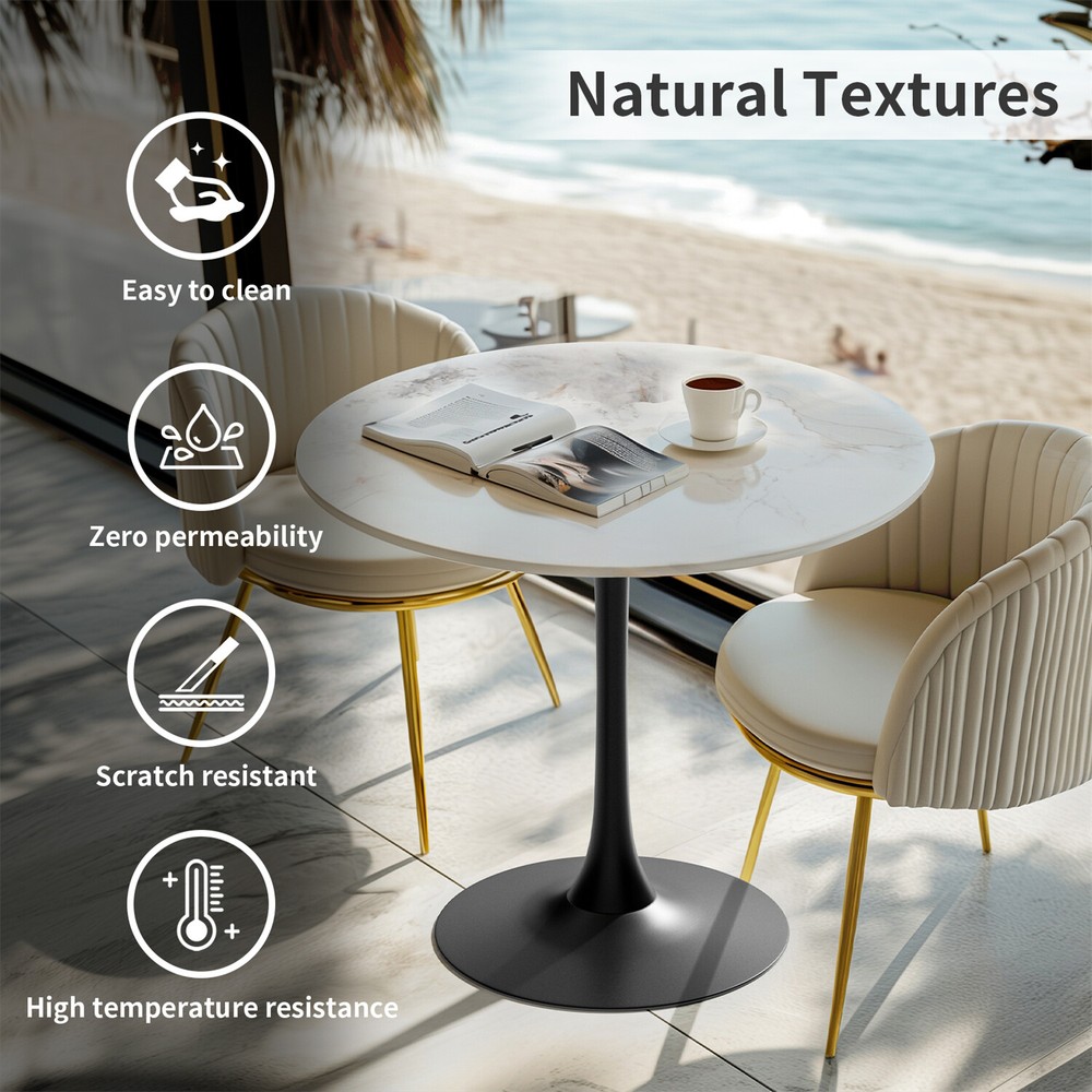 30” Diameter Round Kitchen Dining Table Bar Bistro Table Stone Top Metal Base