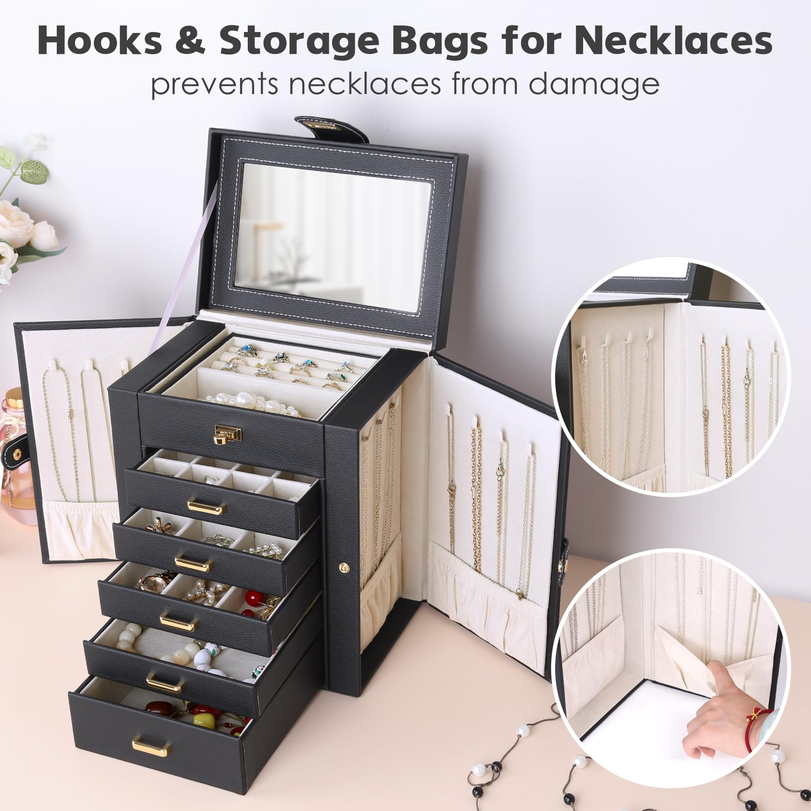 Kendal Black 6-Layer Large Leather Jewelry Box Watch Jewelry Organizer w/ Mirror