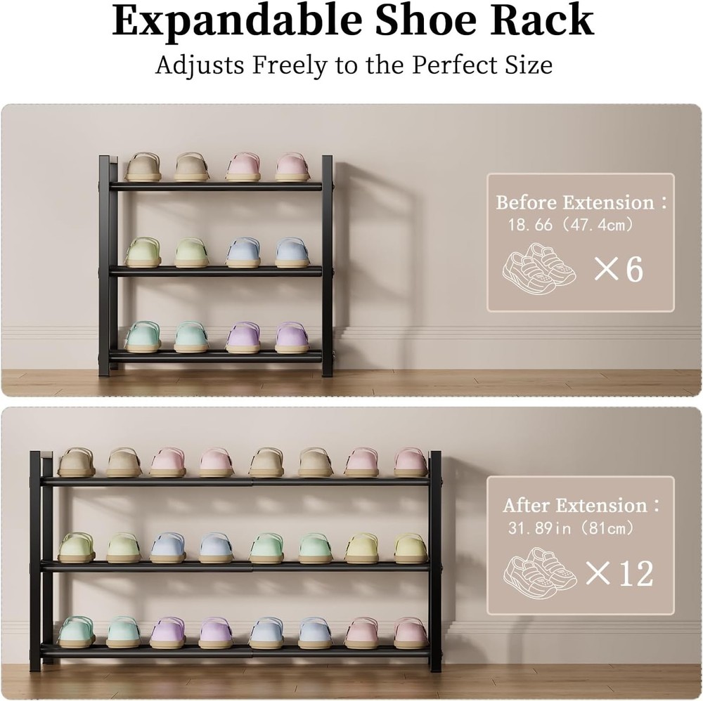 EKETE Expandable Shoe Rack,Adjustable and Stackable 3-Tier Shoe Rack Organizer,