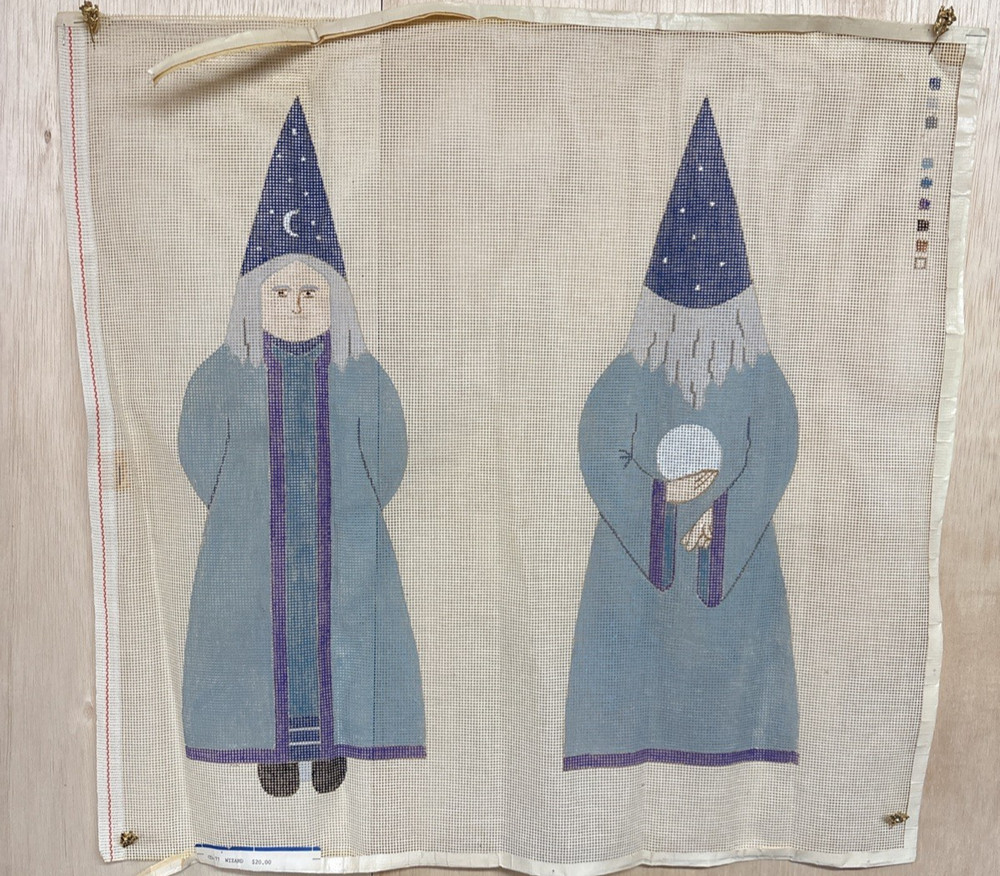 VINTAGE NEEDLEPOINT CANVAS "WIZARD" FIGURAL PILLOW ~AWESOME~