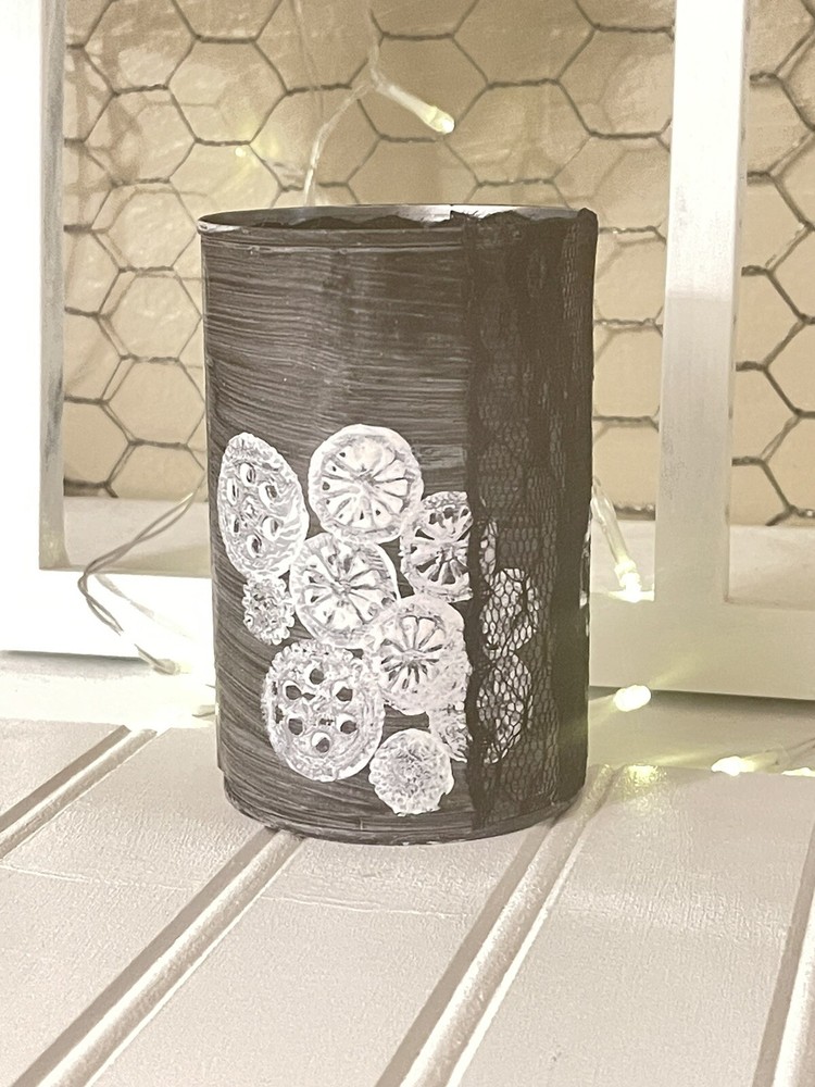 tin can decor handmade- Time Clock-U-Out Decoupaged 4.5” High 3”diameter