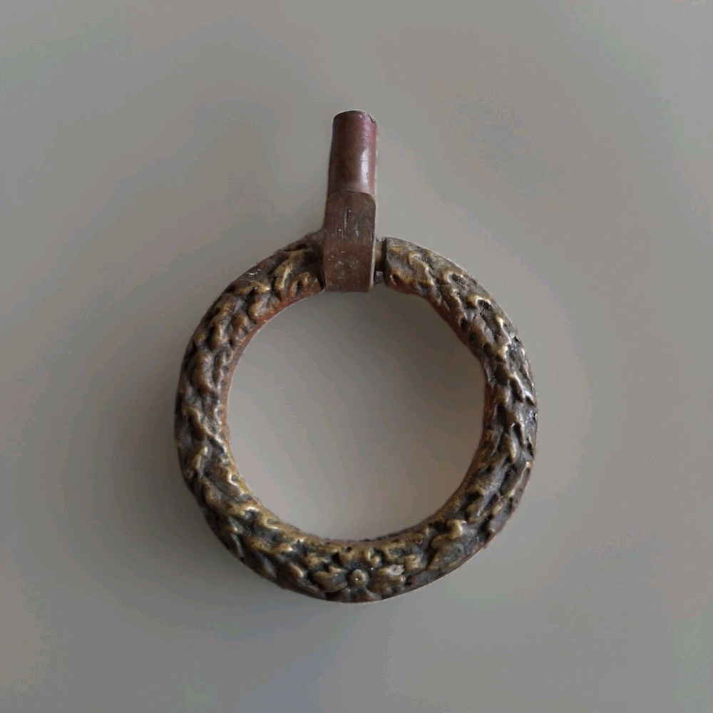 4 RARE Antique Ring Pulls Solid Brass Or Bronze. Garland Bow Wreath.