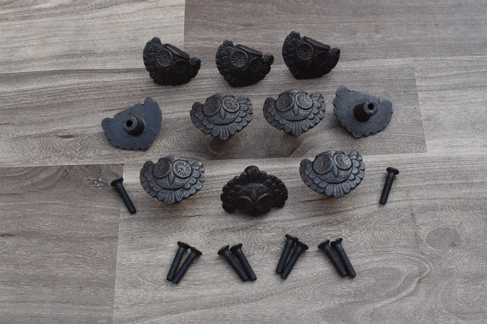 Vintage OWL Old cast iron cabinet drawer door knobs handles pull rustic 10 pcs