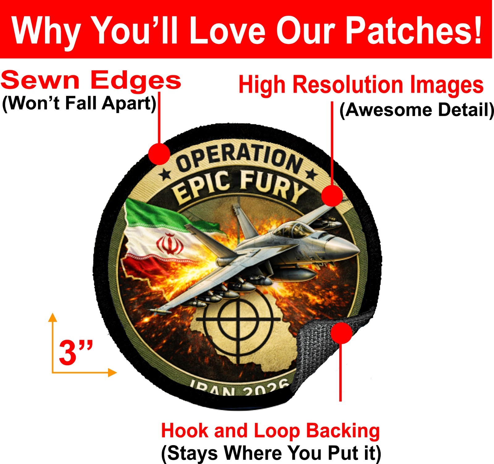 Operation Epic Fury Patriotic Morale Patch USA Israel UAE 3" tactical patch