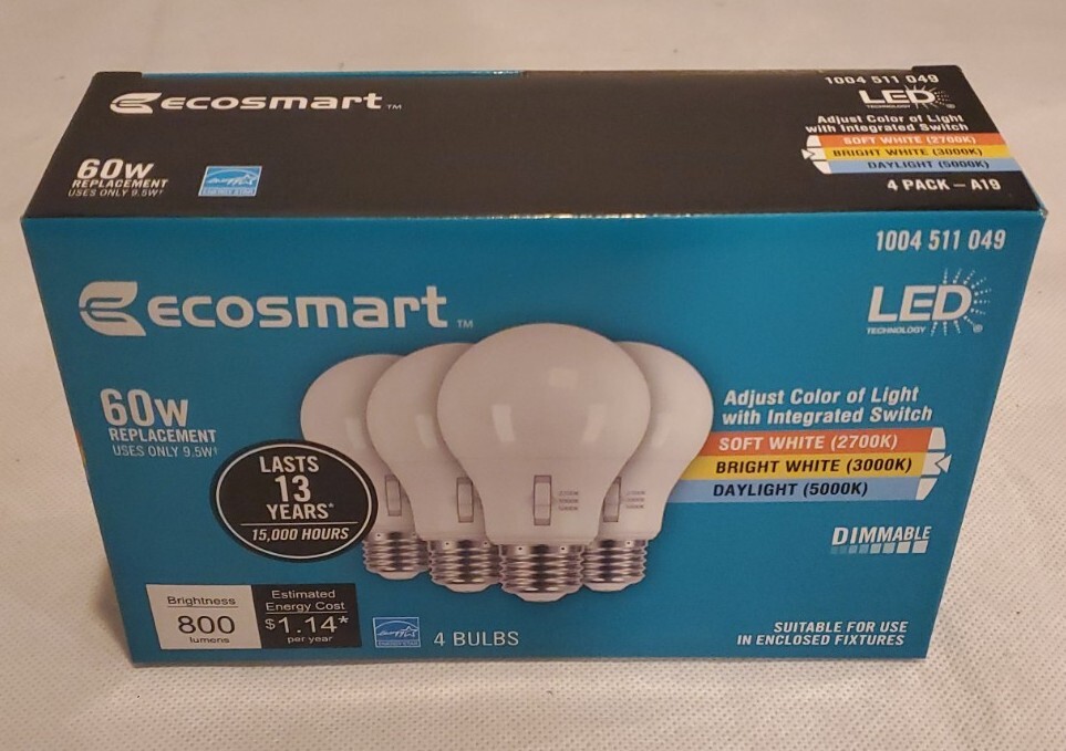 Ecosmart LED 60w Replacement Dimmable Bulb A9A19A60WT20C04 4 Pack E345327