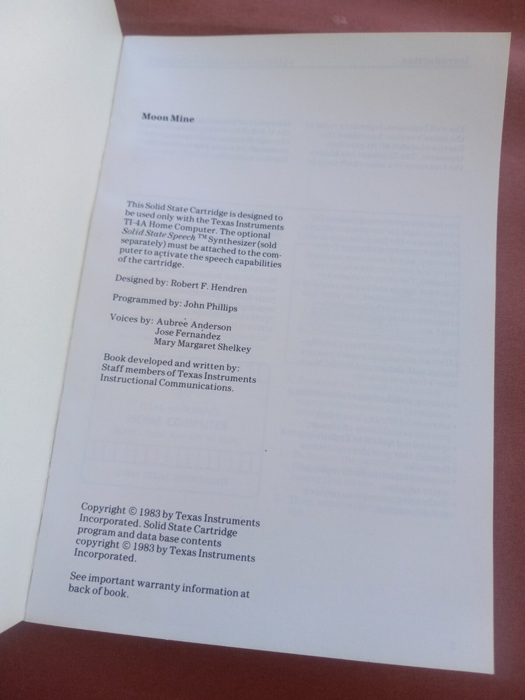 Texas Instruments Home Computer Game Manual Moon Mine