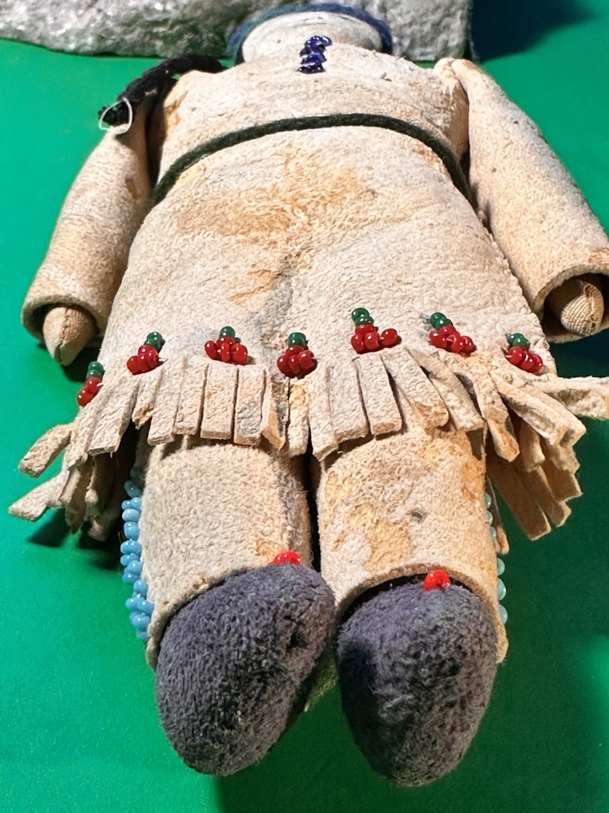 RARE 19th Century Antique Native Plain’s Indian Fringe Beaded Hide Doll Ink Face