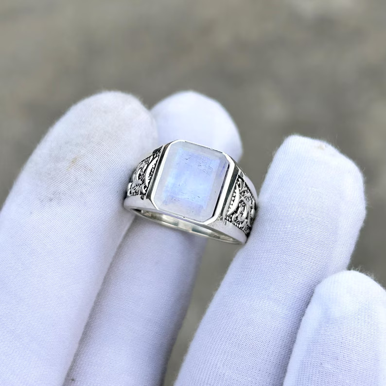Rainbow Moonstone Ring Mens Solid 925 Silver Handmade Statement Ring