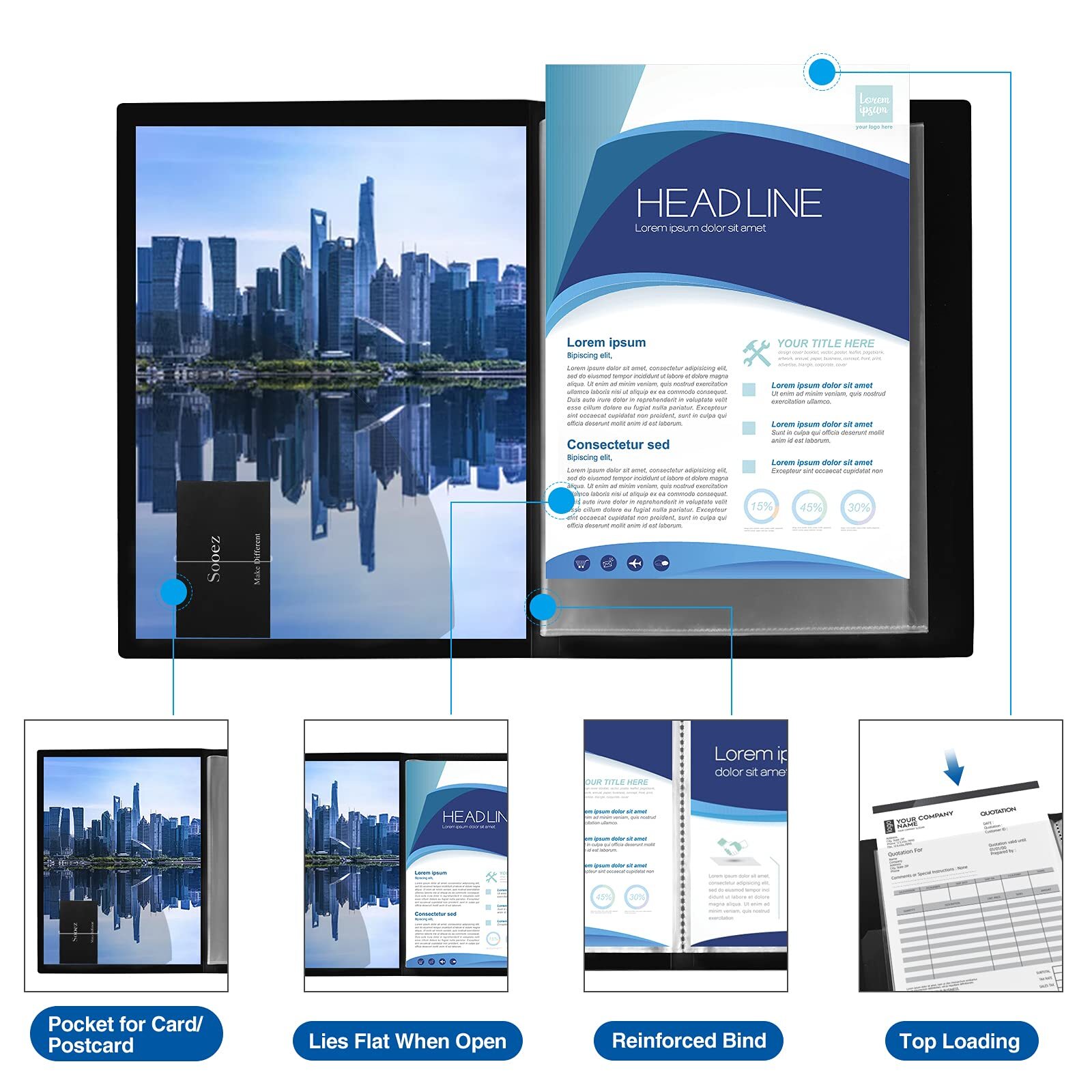 30-Pocket Art Portfolio Binder – 9x12 Black, Display 60 Pages, Presentation Book