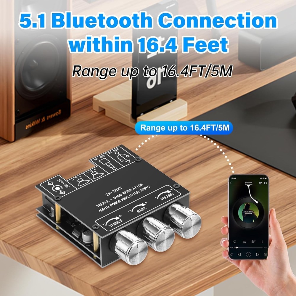 Wireless 60W Bluetooth Amplifier Board with Multiple Inputs for Easy Setup