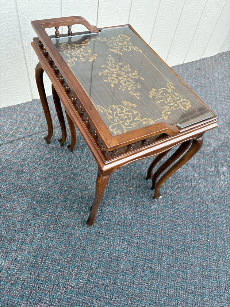 67334 Inlaid Mahogany 3 Stack Table Set with Gallery