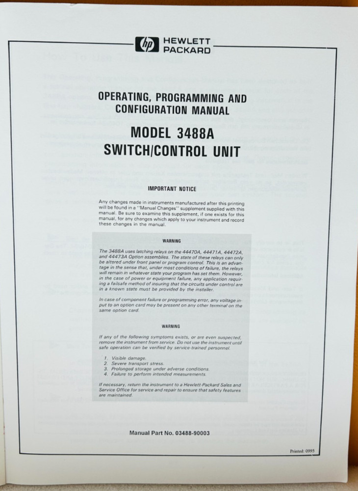 HP 03488-90003 Model 3488A Switch/Control Unit Operating & Configuration Manual.