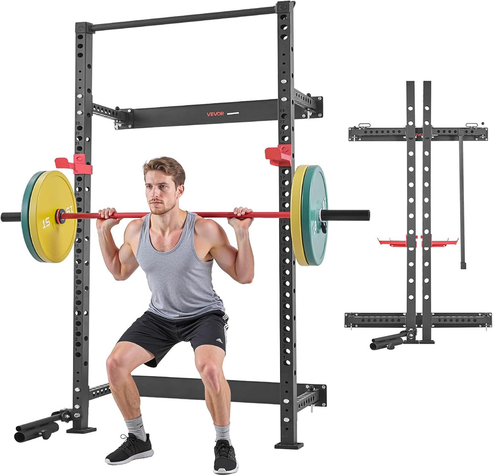 VEVOR Folding Power Cage, Wall-Mounted Power Rack Squat Rack, Multifunctional St