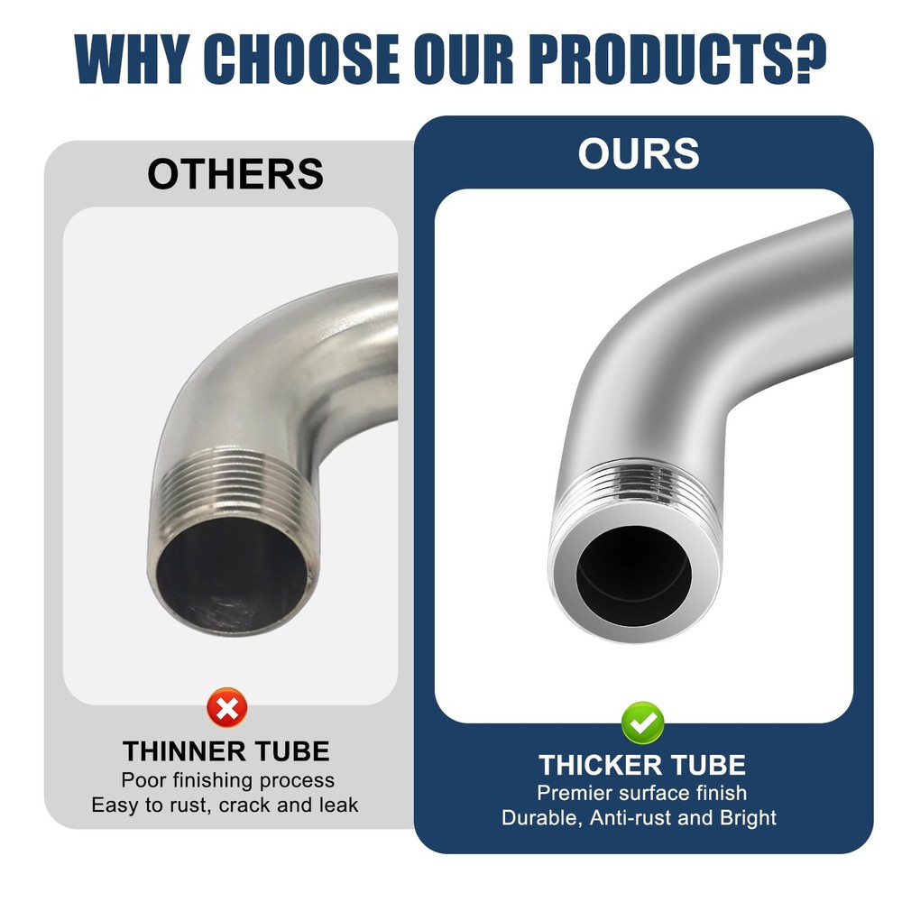 8 Inch Chrome Shower Arm with Flange - Adjustable Angle Extension Pipe
