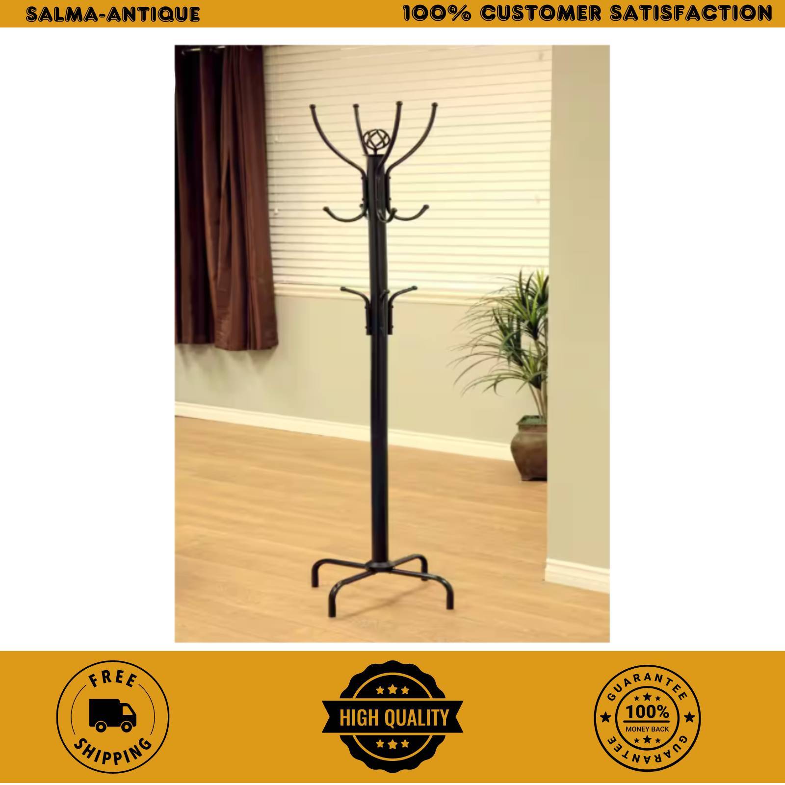 8-Hook Metal Coat Tree Stand Purse Hanger Hat Rack 6 ft Hallway Entryway Mudroom