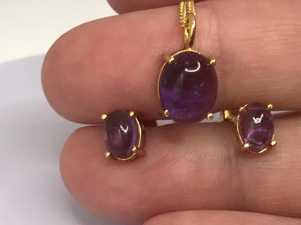 Amethyst cabochon set, stud earrings, pendant, gold on solid sterling silver.