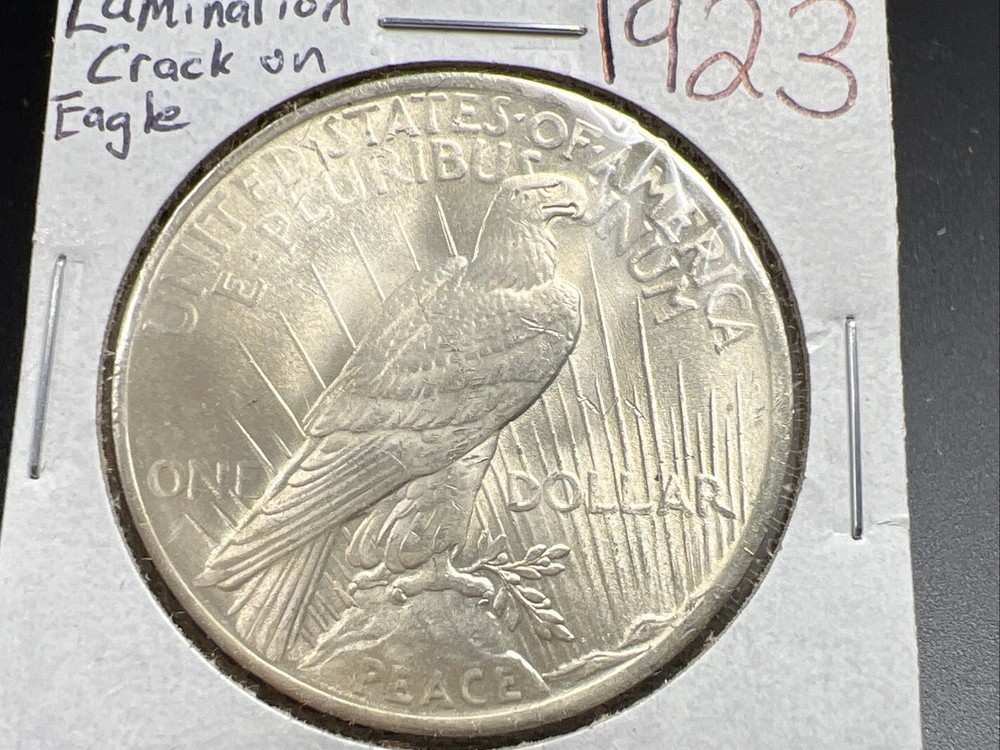 1923 P $1 Peace Silver Dollar Coin Reverse Lamination Error CH BU