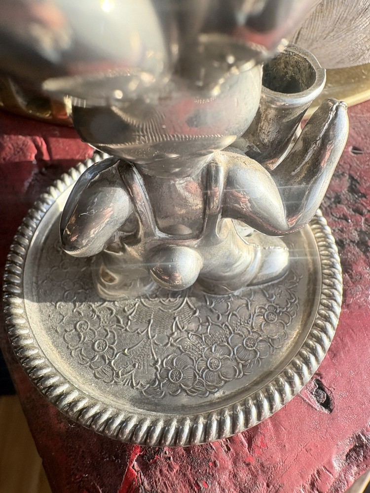 Vintage Seba Ring Cuff Link Holder Silver Plated Bunny Rabbit Golfer Marked Club