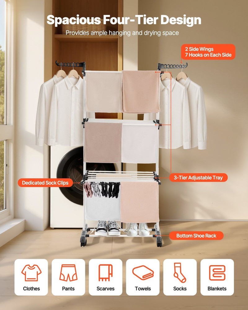 Foldable 4-Tier Drying Rack: 24 Rods, 14 Hooks, 77lb Capacity, Locking Casters