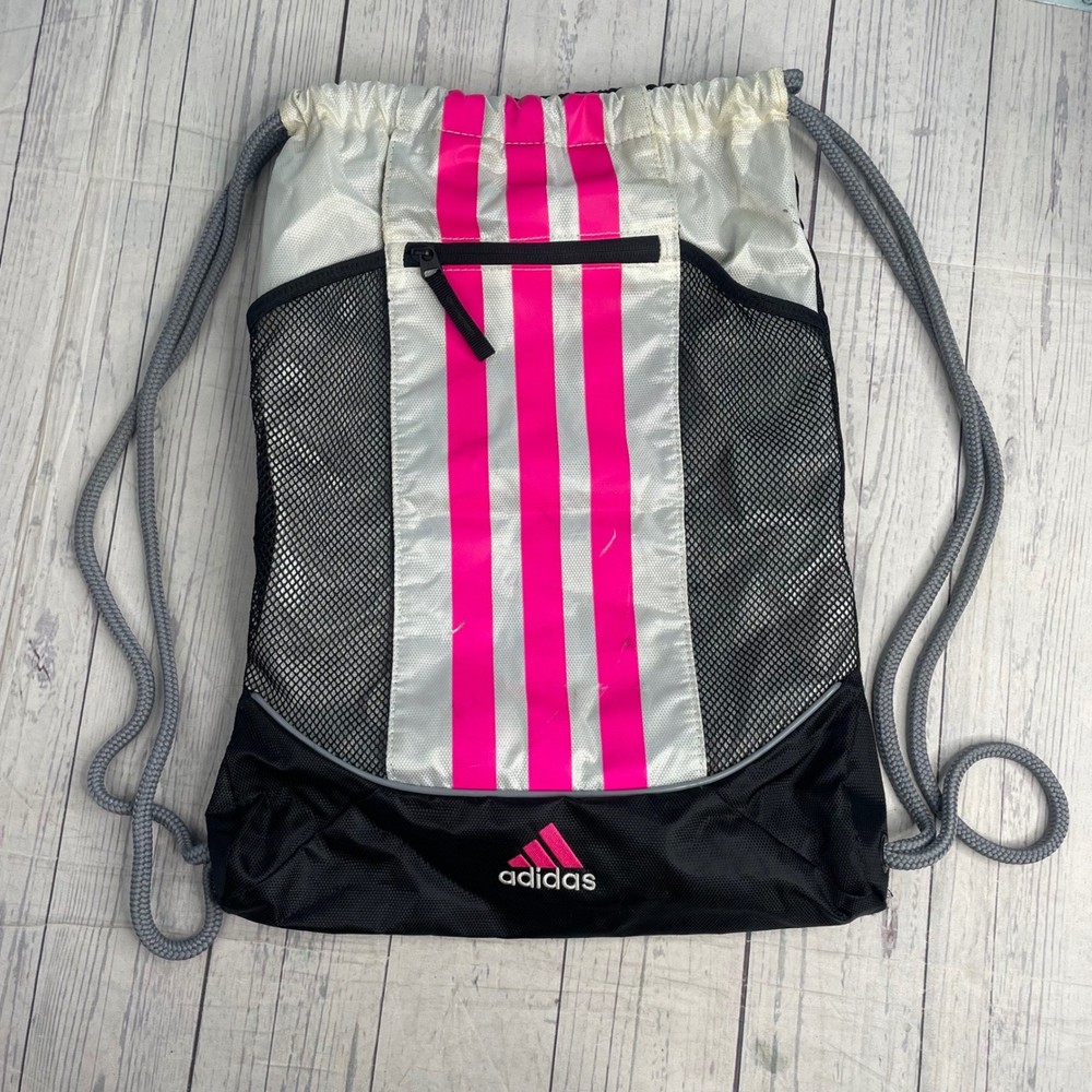 Adidas Drawstring Backpack Gym Sack Bag Pink Stripes Black Silver