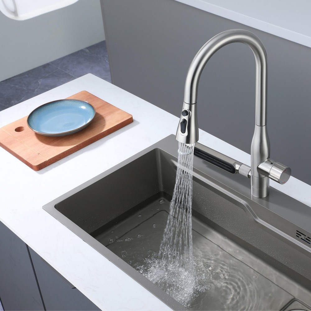 Stainless Steel Waterfall Kitchen Faucet with Pull Down Sprayer, 3 Spray Modes