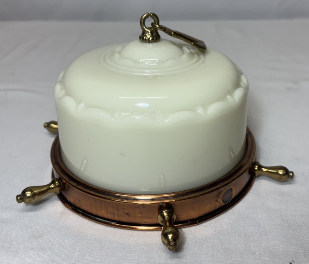 Vtg Nautical Light Fixture MCM Brass Anchor Closet Custard Art Glass Shade #L60