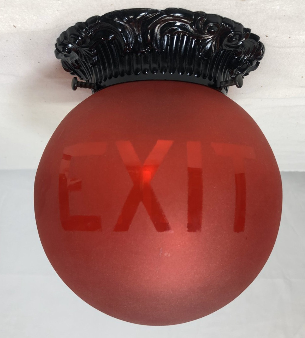 Antique Exit Glass Globe Vtg Ceiling Light Fixture Flush Frosted Art USA #L31
