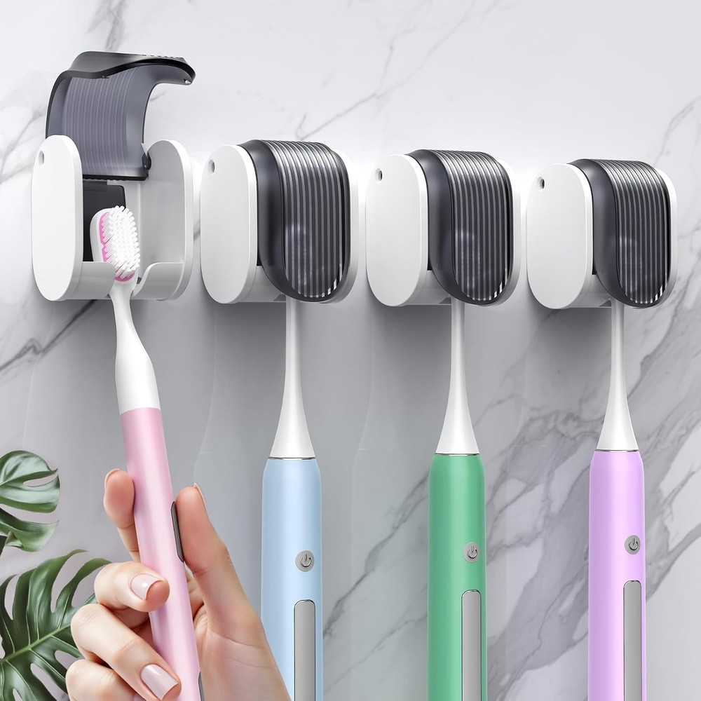 Toothbrush Holders Wall Mounted Self Adhesive Waterproof Dustproof Grey 4pcs