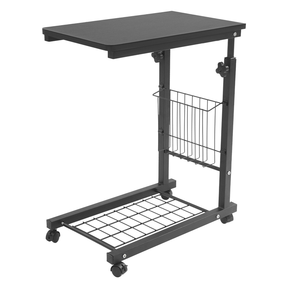 2 Tiers Adjustable Bed Side Table Black Indoor Mobile Standalone Table w/ Wheels