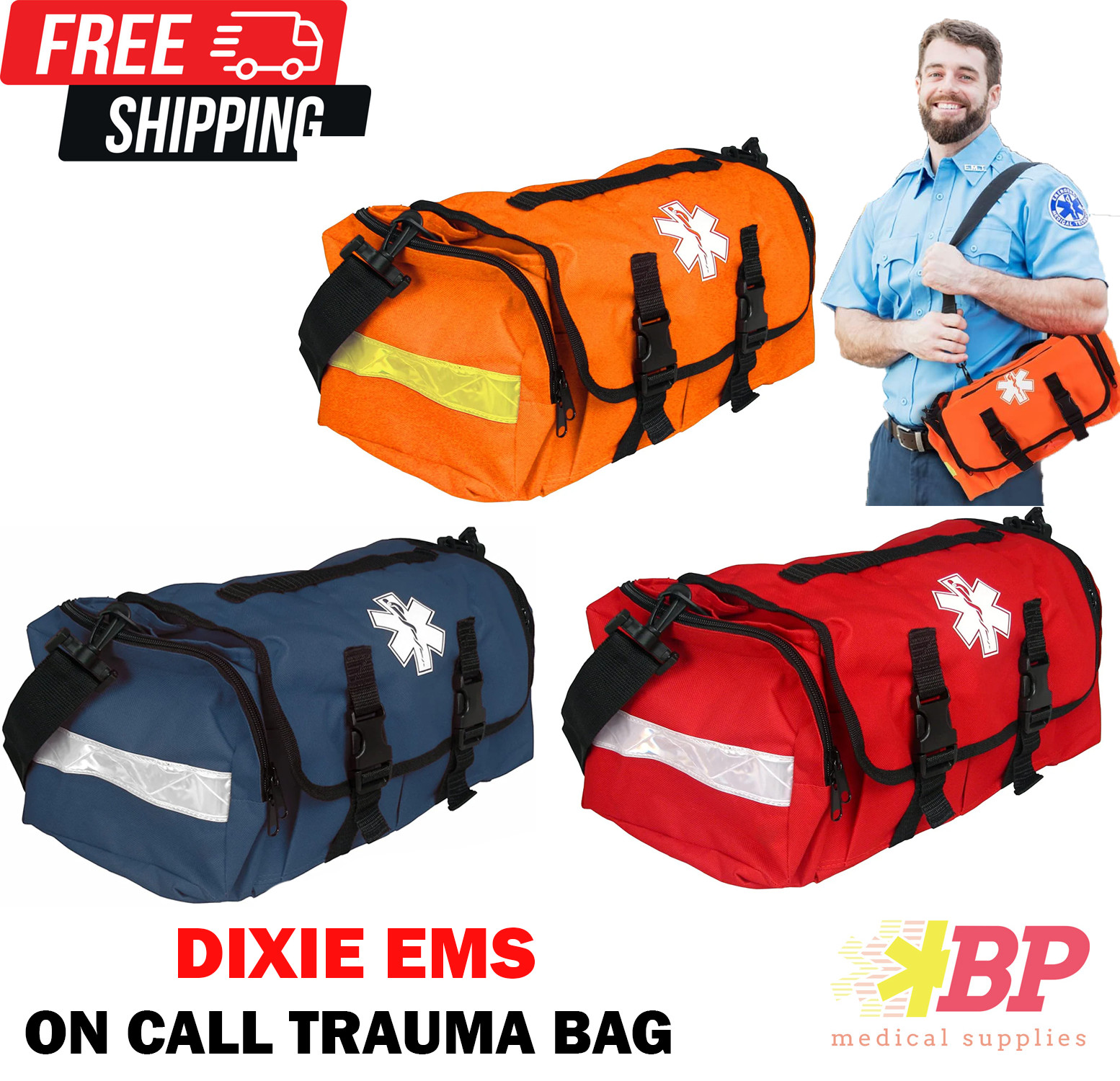 Dixie EMS First Responder On Call Trauma Bag With Reflectors - Blue/Red/Orange