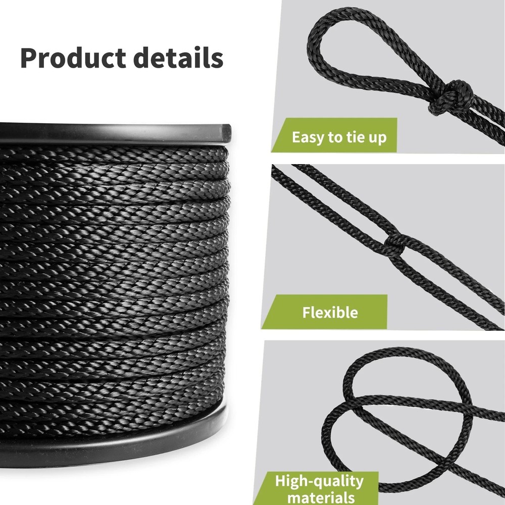 5/16'' 250' Black Polyester Solid Braid Rope