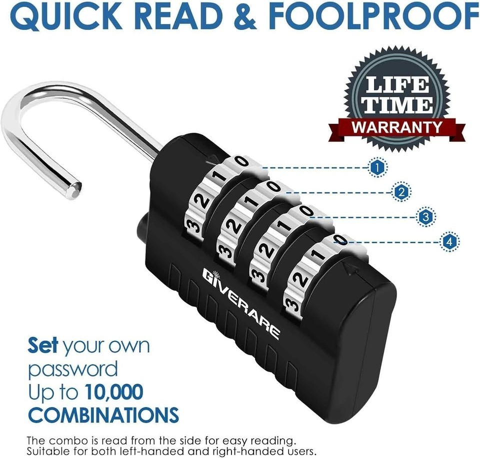 4 Pack Combination Lock, 4-Digit Padlock Keyless, Resettable Metal Luggage Locks