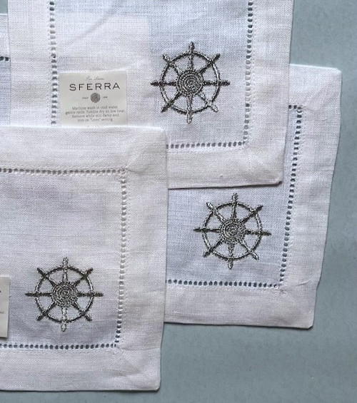Sferra Nautical Silver Embroidery Cocktail Napkins Hemstitch Linen 6x6 SET/4 New
