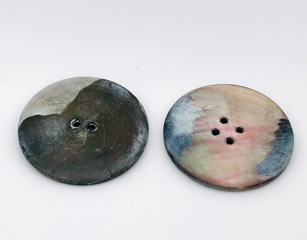 2 Large Abalone Coat Buttons Two Different Same Size Vintage Two Hole 4 Hole