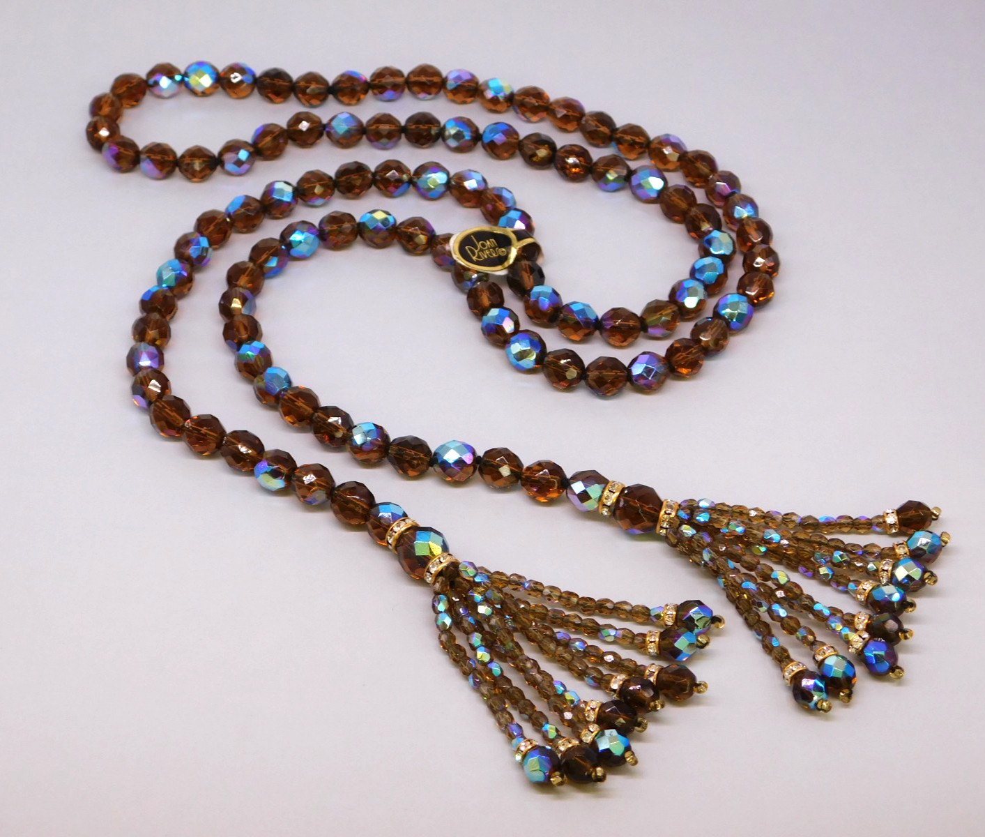 Vintage JOAN RIVERS Lariat Tassel Necklace Brown AB Faceted Beads Flapper NWT