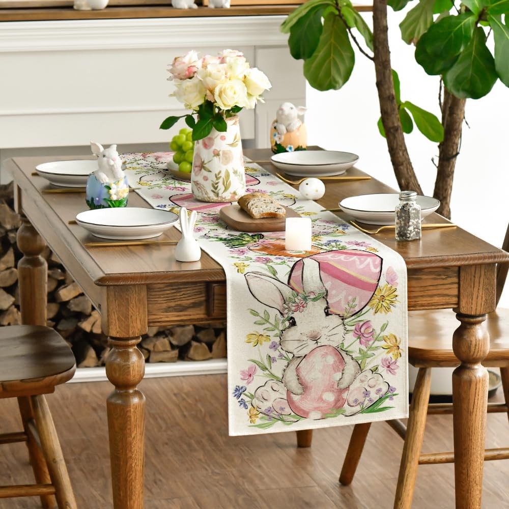Artoid Mode Bunny Rabbit Egg Flower Easter 13" x 72", Table Runner, Beige