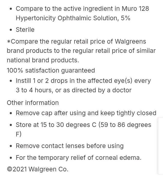 Walgreens Sodium Chloride Ophthalmic Solution, 5% Hypertonicity Eye Drops-0.5 oz