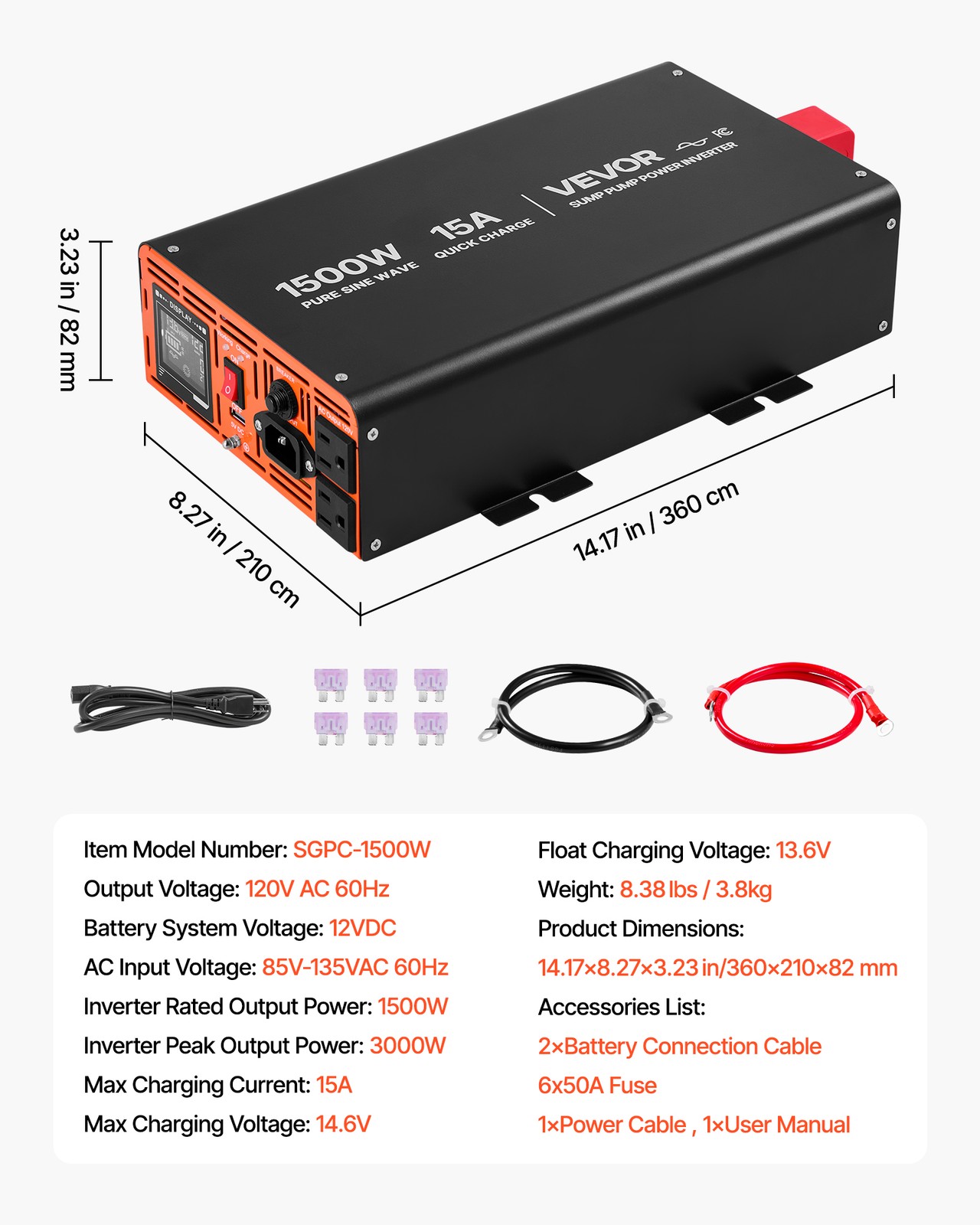 VEVOR 1500W Sump Pump Battery Backup System LCD Pure Sine Wave Power Inverter