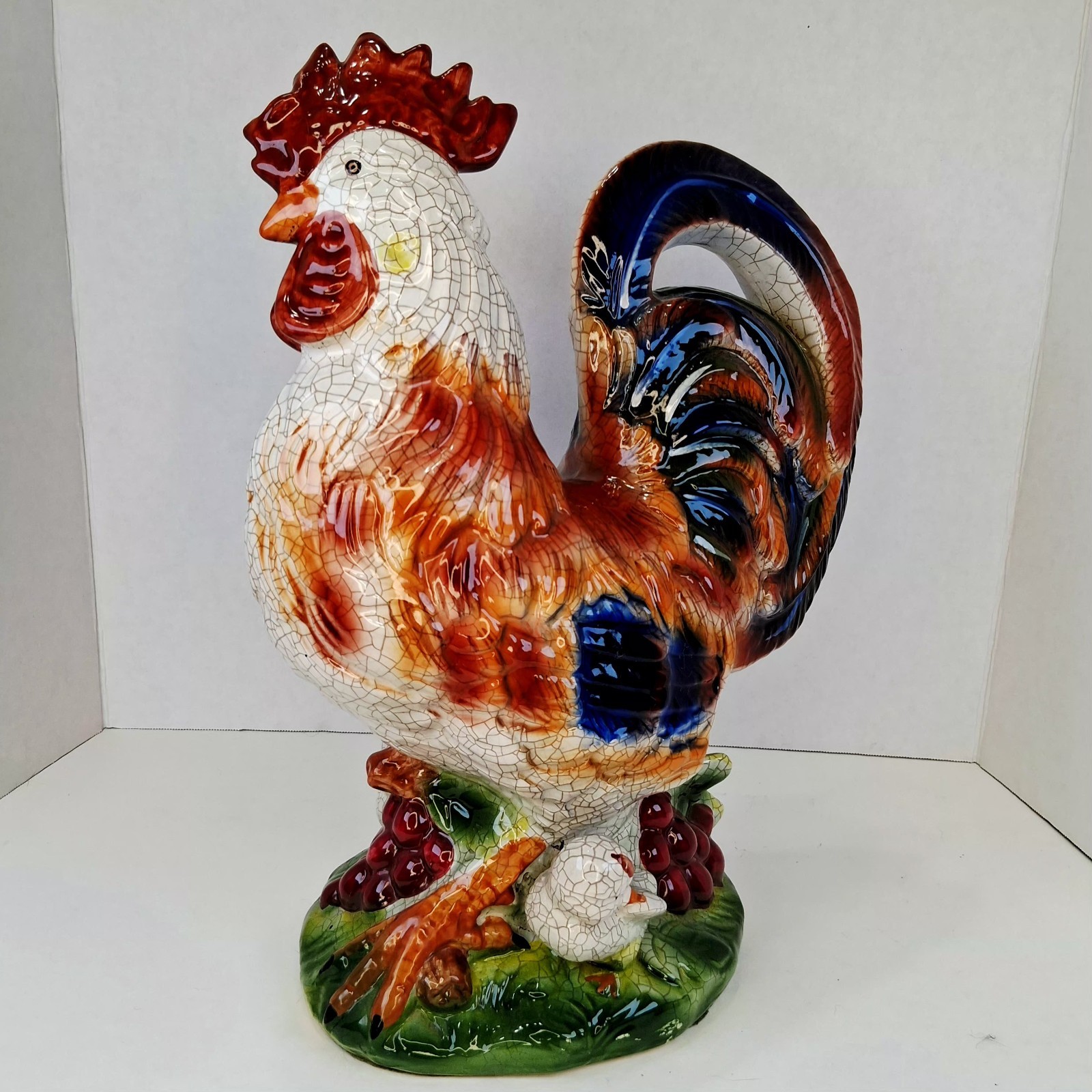 Vtg Italian Ceramic Rooster w/2 Chicks Large Handpainted