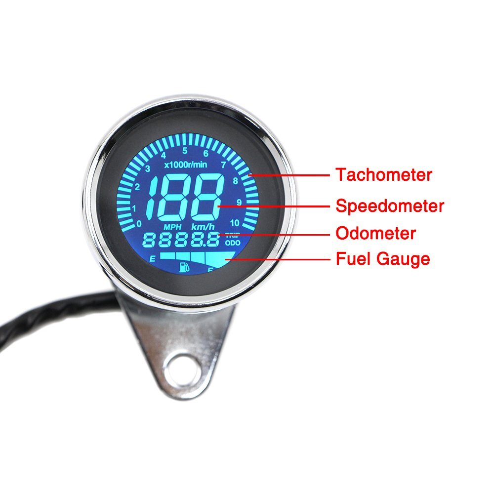 LCD Digital Motorcycle Gauge Universal Speedometer Tachometer Odometer Chrome