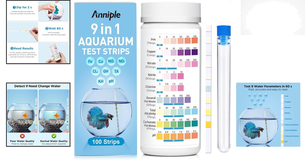 Complete Aquarium Testing Kit - 100 Strips, Tubes & Thermometer Included
